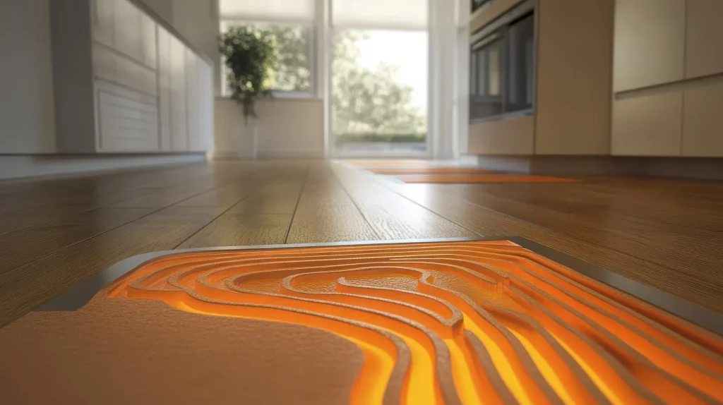 Renderizado de un sistema de aerotermia enérgica renovables implementado en un suelo de parqué de una vivienda unifamiliar.