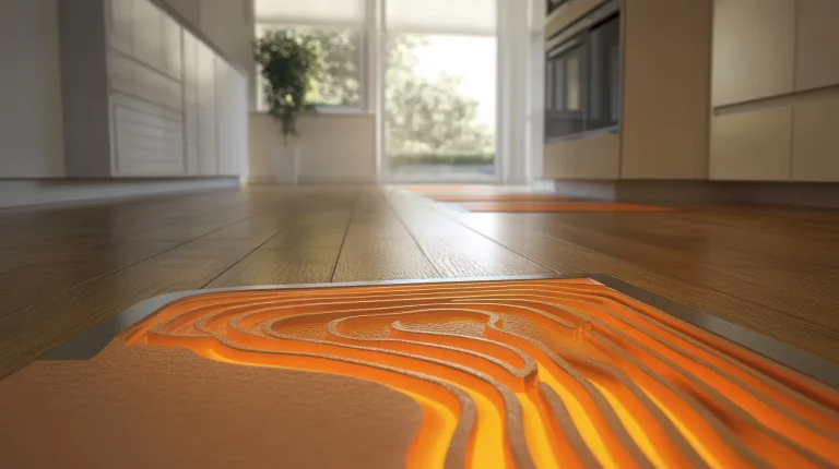 Renderizado de un sistema de aerotermia enérgica renovables implementado en un suelo de parqué de una vivienda unifamiliar.