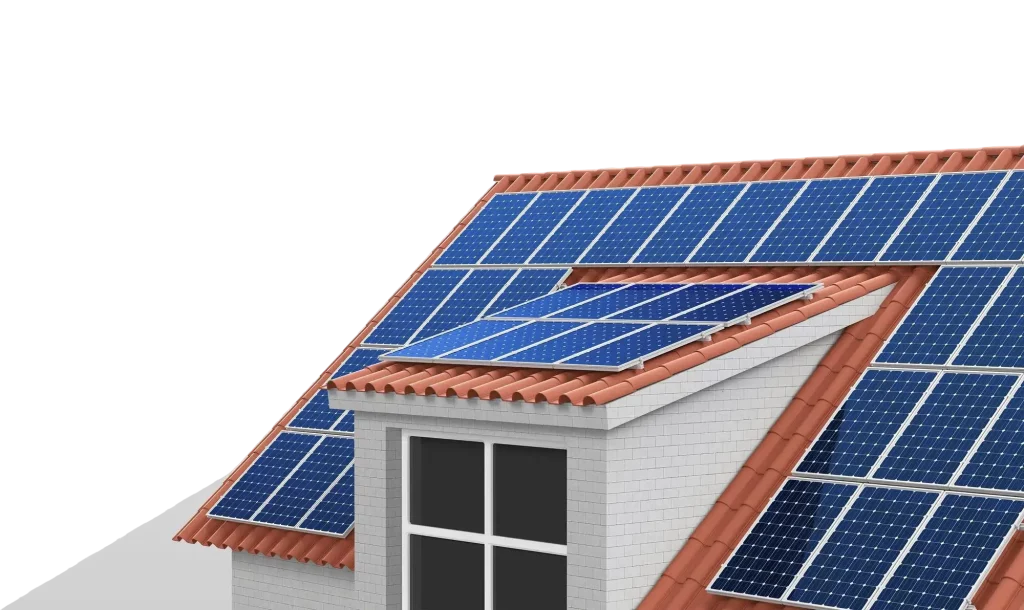 Render 3D de vivienda familiar con sistema de autoconsumo solar y mantenimiento de instalación de paneles solares en el tejado